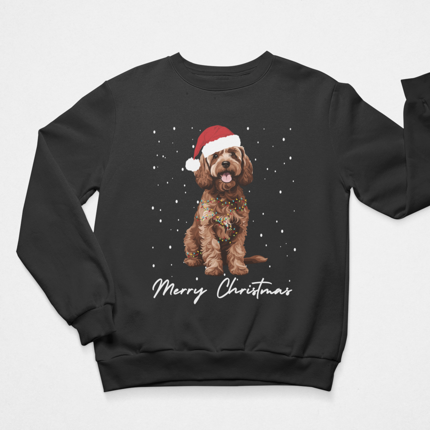 A black crewneck sweatshirt for kids featuring a graphic of a brown cockapoo  wearing a red Santa hat, surrounded by white snowflakes, with 'Merry Christmas' written in white script below. The sweatshirt is displayed flat against a light grey background.
