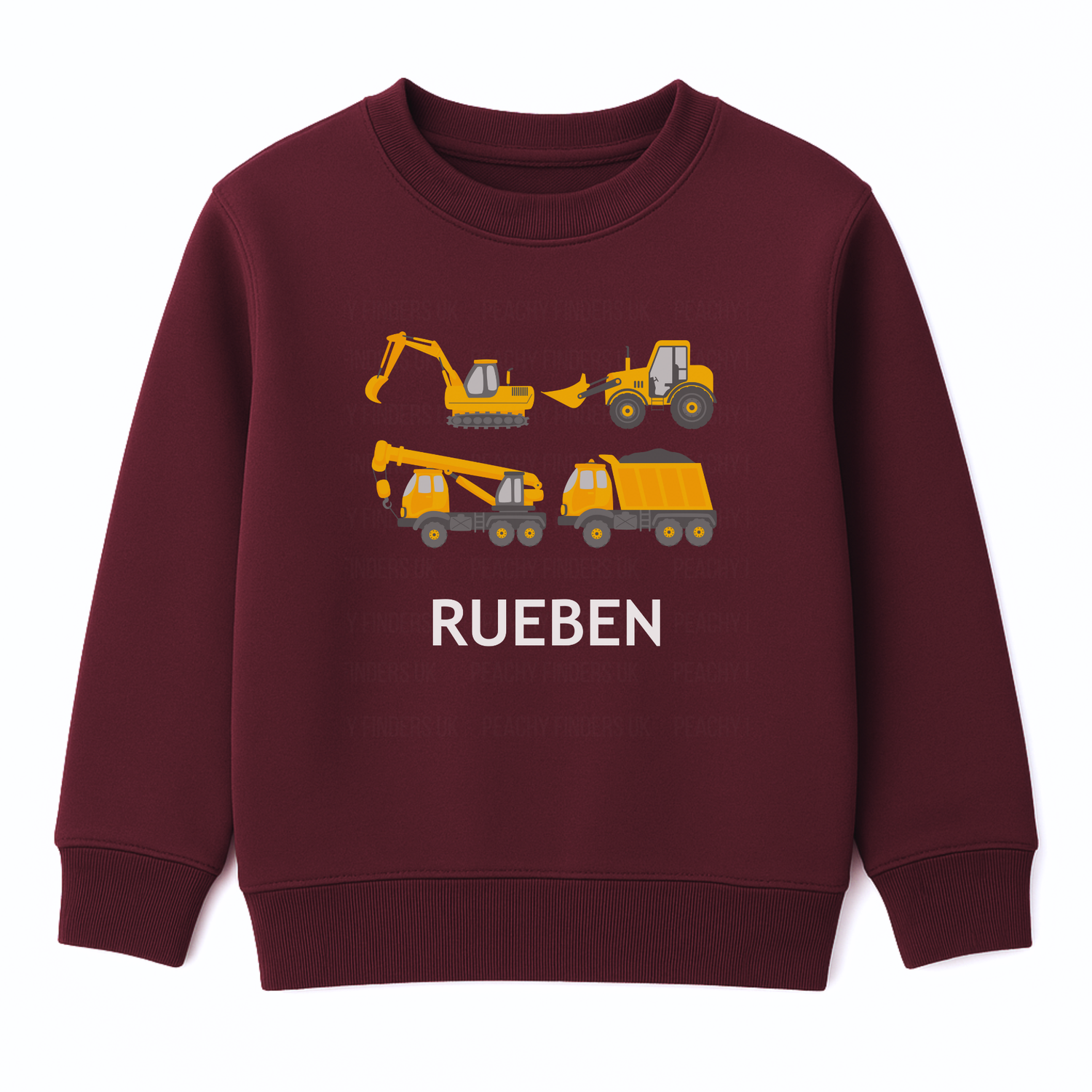 Kids burgundy sweatshirt with yellow construction vehicles - excavator, bulldozer, tractor, crane truck and tipper -custom name “Rueben” printed underneath.