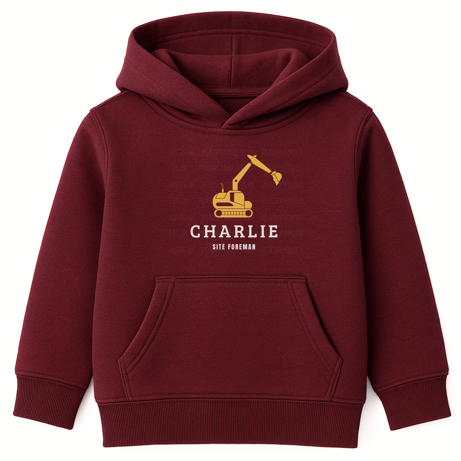 Burgundy kids hoodie featuring a yellow digger graphic with personalised name and “Site Foreman” text printed on the chest.