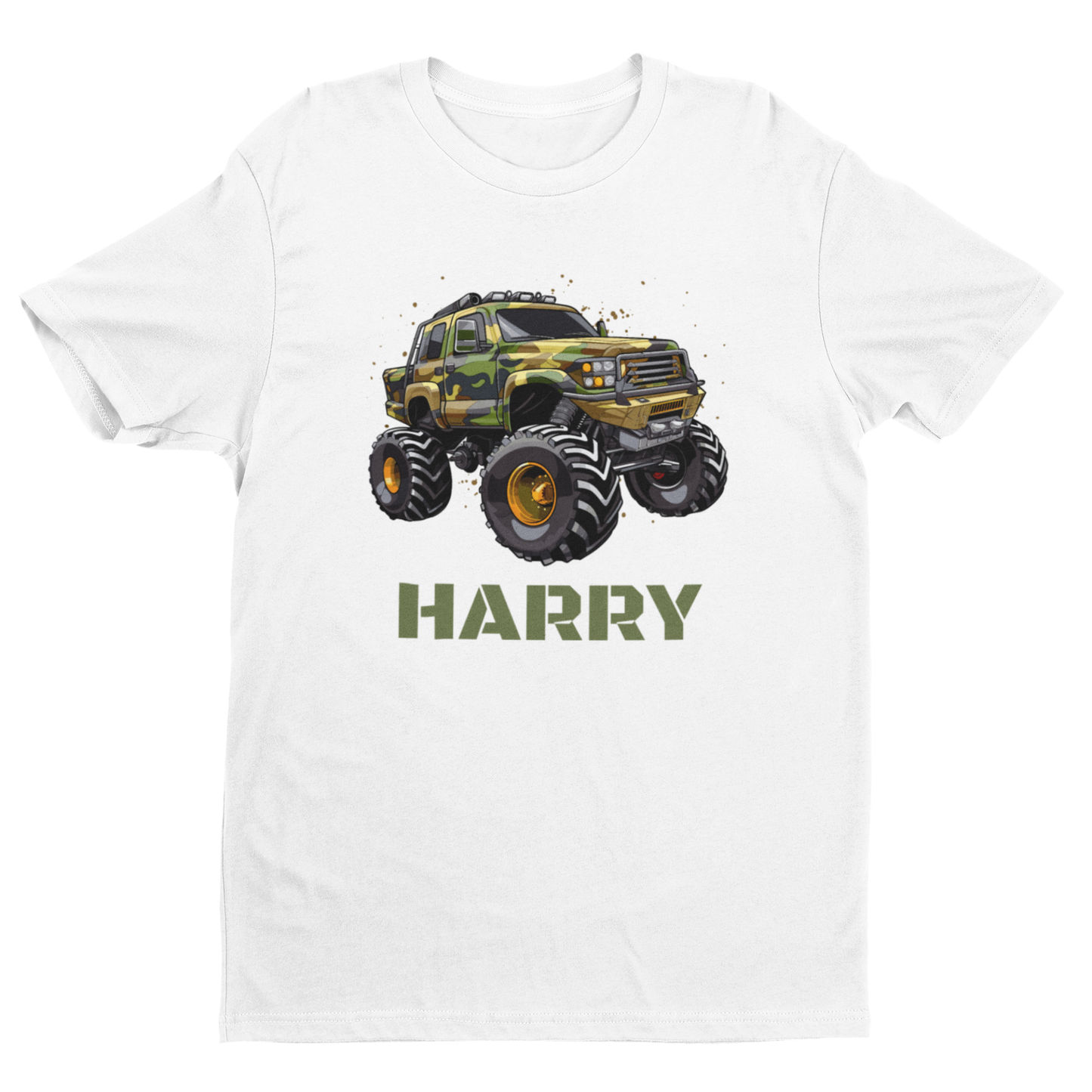 Personalised boys 4x4 monster truck t-shirt featuring a camo truck graphic and bold name text
