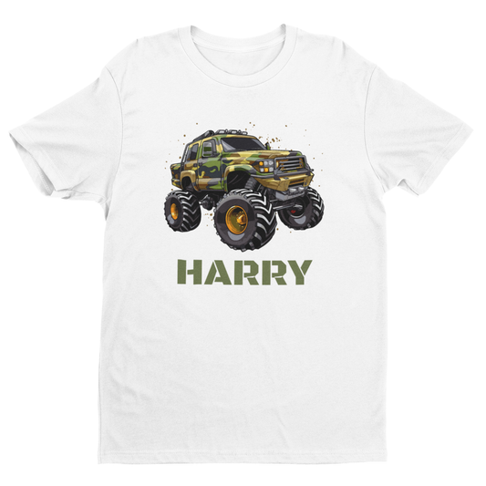 Personalised boys 4x4 monster truck t-shirt featuring a camo truck graphic and bold name text