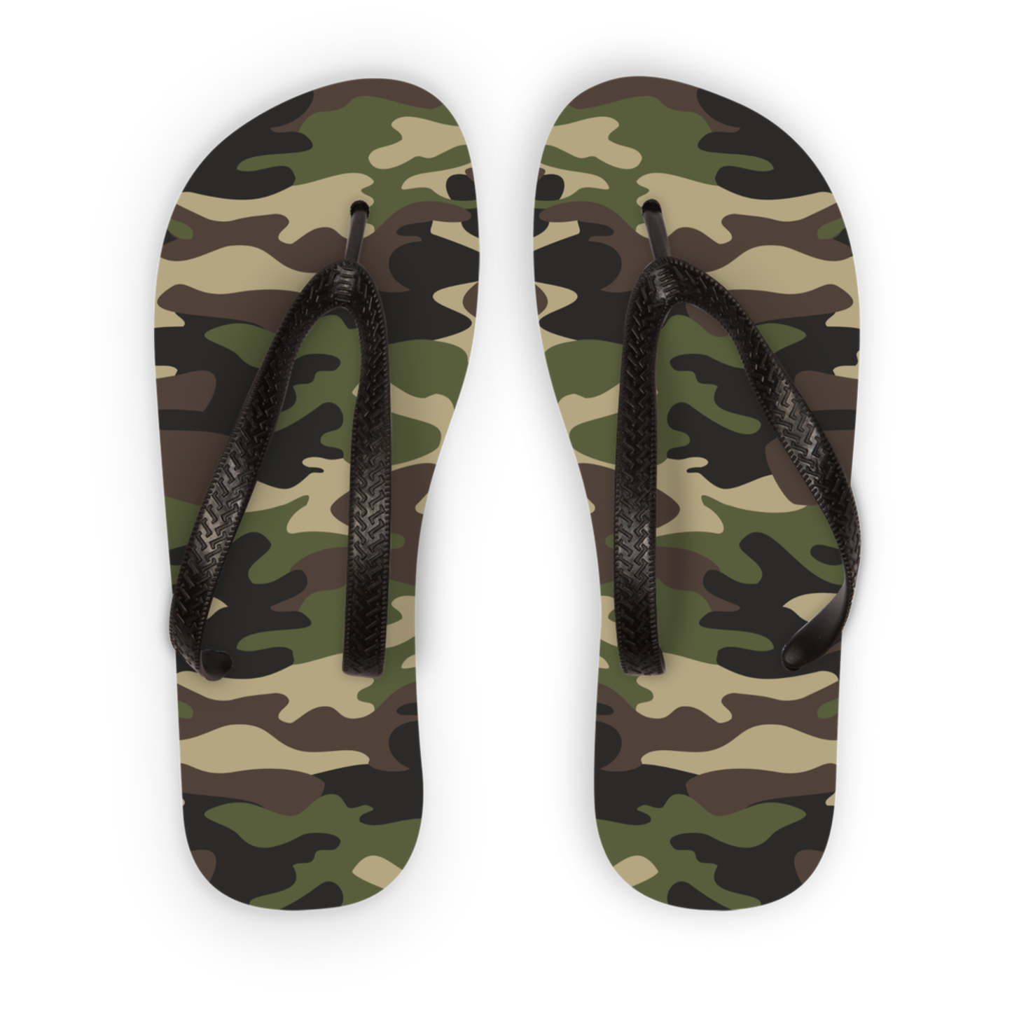Children’s green camouflage flip-flops with black textured straps and coordinating black soles, displayed on a clean white studio background.