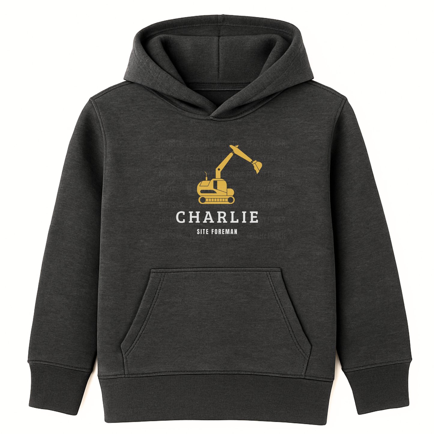 Charcoal Heather Grey kids hoodie featuring a yellow digger graphic with personalised name and “Site Foreman” text printed on the chest.