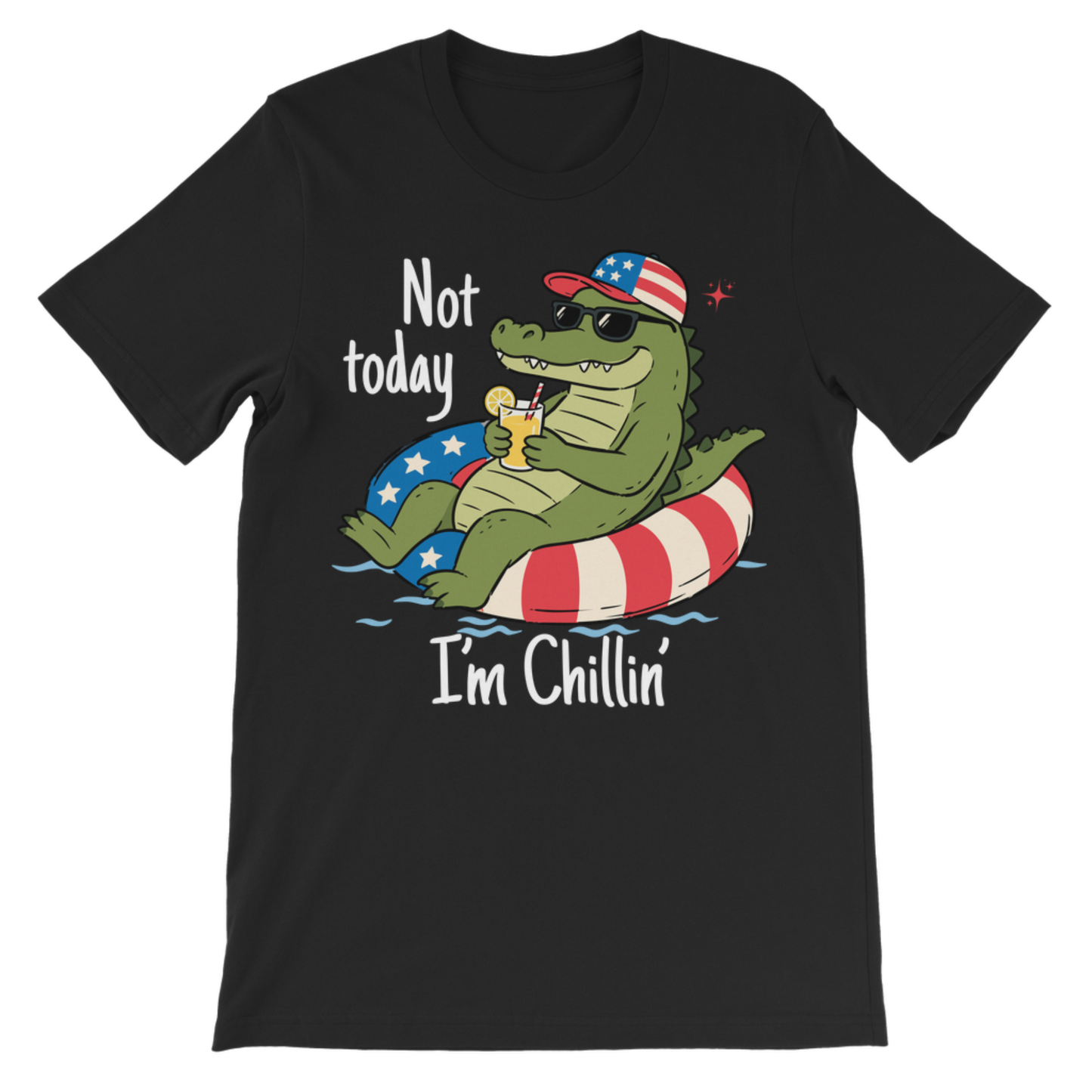 A kids black short-sleeve crewneck t-shirt featuring a cartoon alligator graphic sitting in a red and white striped floatation ring, wearing a US flag hat and sunglasses, with the text 'Not today I'm Chillin'' printed on the front.