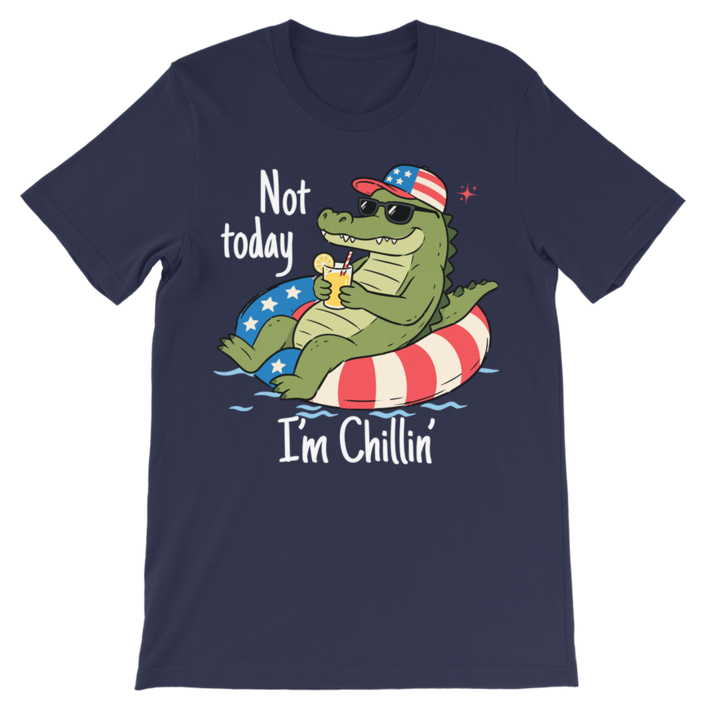 A kids navy blue short-sleeve t-shirt with a cartoon alligator graphic sitting in a red and white striped floatation ring. The graphic includes the text 'Not today I'm Chillin'' and features a patriotic theme with an alligator wearing a red, white, and blue cap.