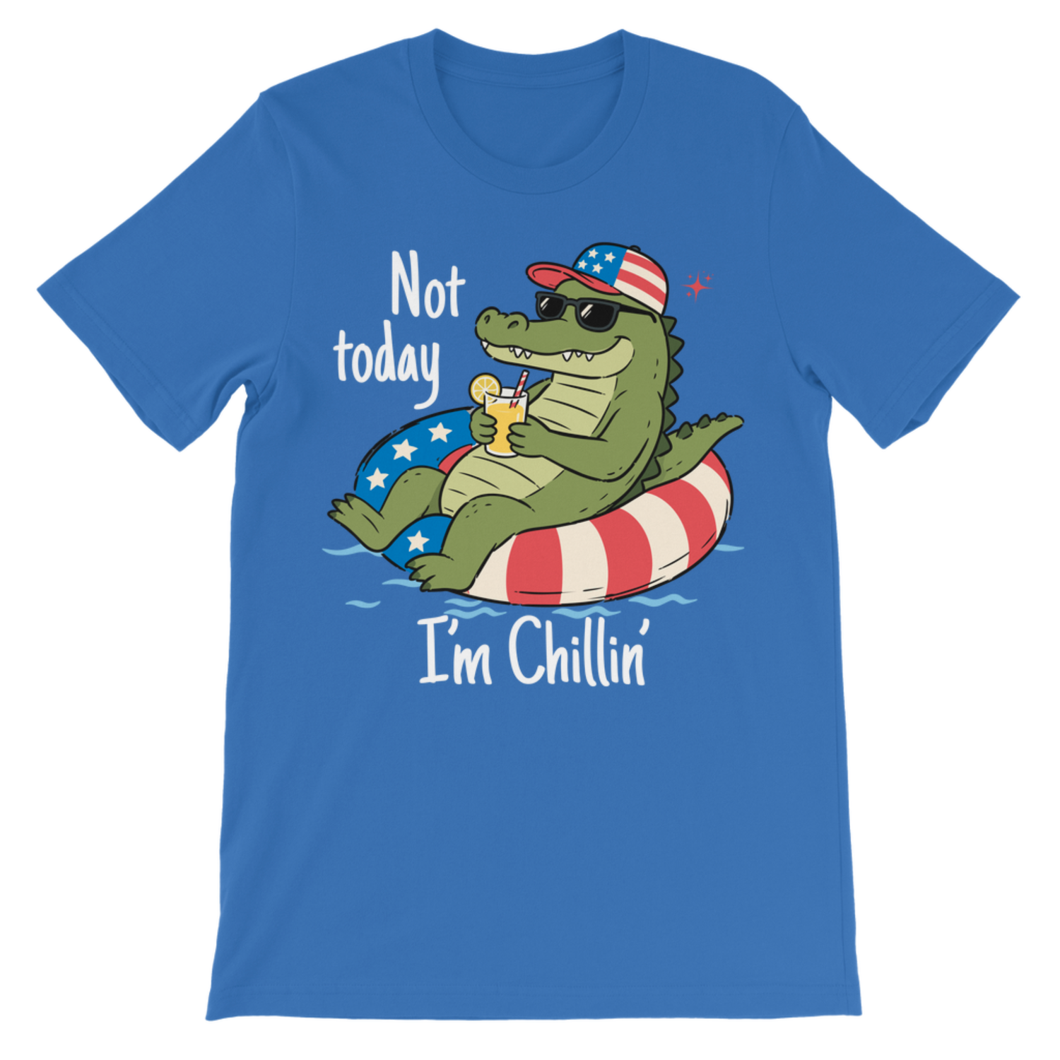 A kids blue short-sleeve crewneck t-shirt featuring a cartoon alligator wearing a red, white, and blue patriotic hat and sunglasses, floating in a red and white striped floatation ring. The text 'Not today' is written above the alligator, and 'I'm Chillin'' is written below.
