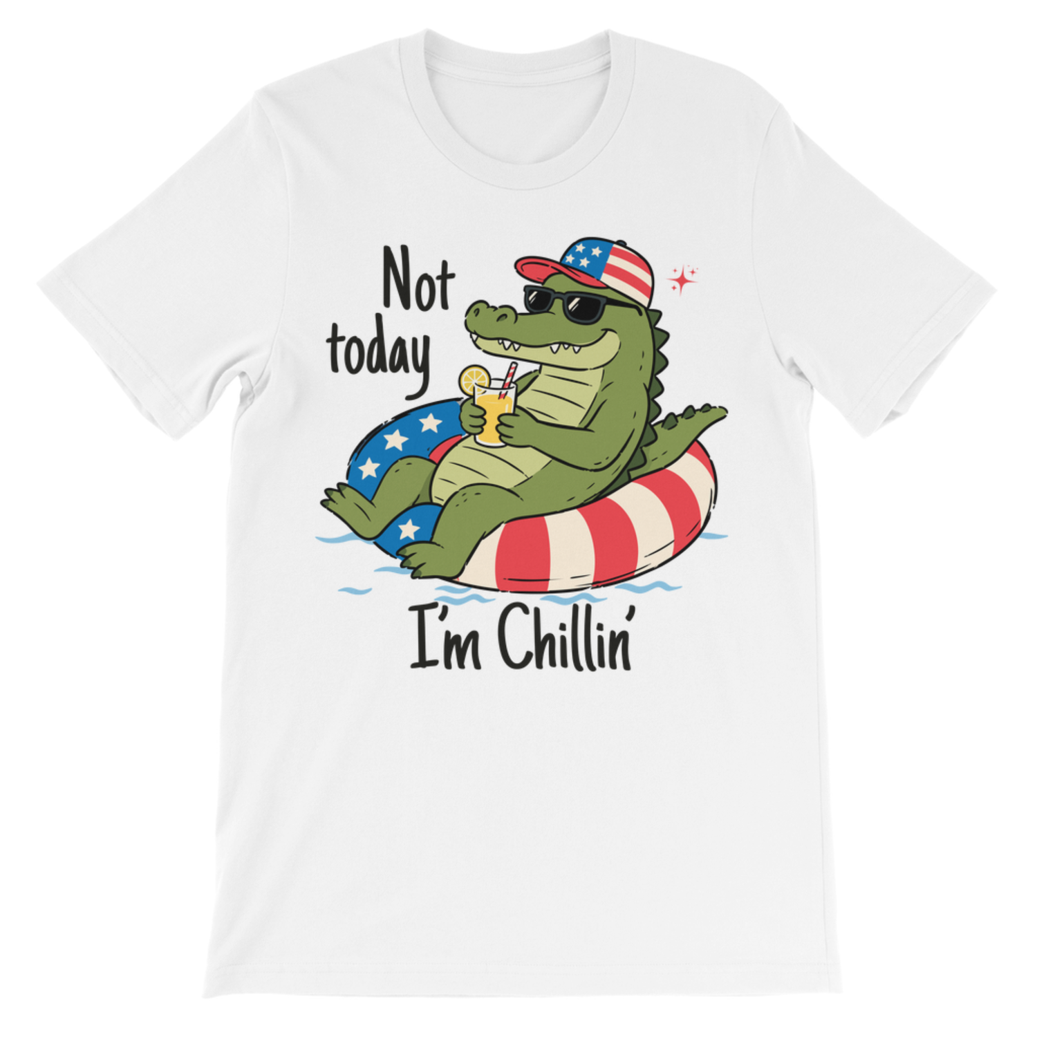 A kids white short-sleeve crewneck t-shirt featuring a cartoon alligator graphic sitting in a red and white striped floatation ring, wearing a US flag hat and sunglasses. The text reads 'Not today I'm Chillin'' in black font.