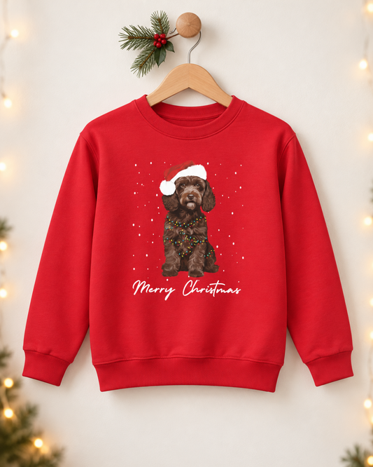 A children's red crewneck sweatshirt hanging on a wooden hanger against a warm, softly lit background with holiday lights and pine branches. The sweatshirt features a graphic of a brown cockapoo dog wearing a Santa hat and Christmas garlands, with 'Merry Christmas' written below in white script.
