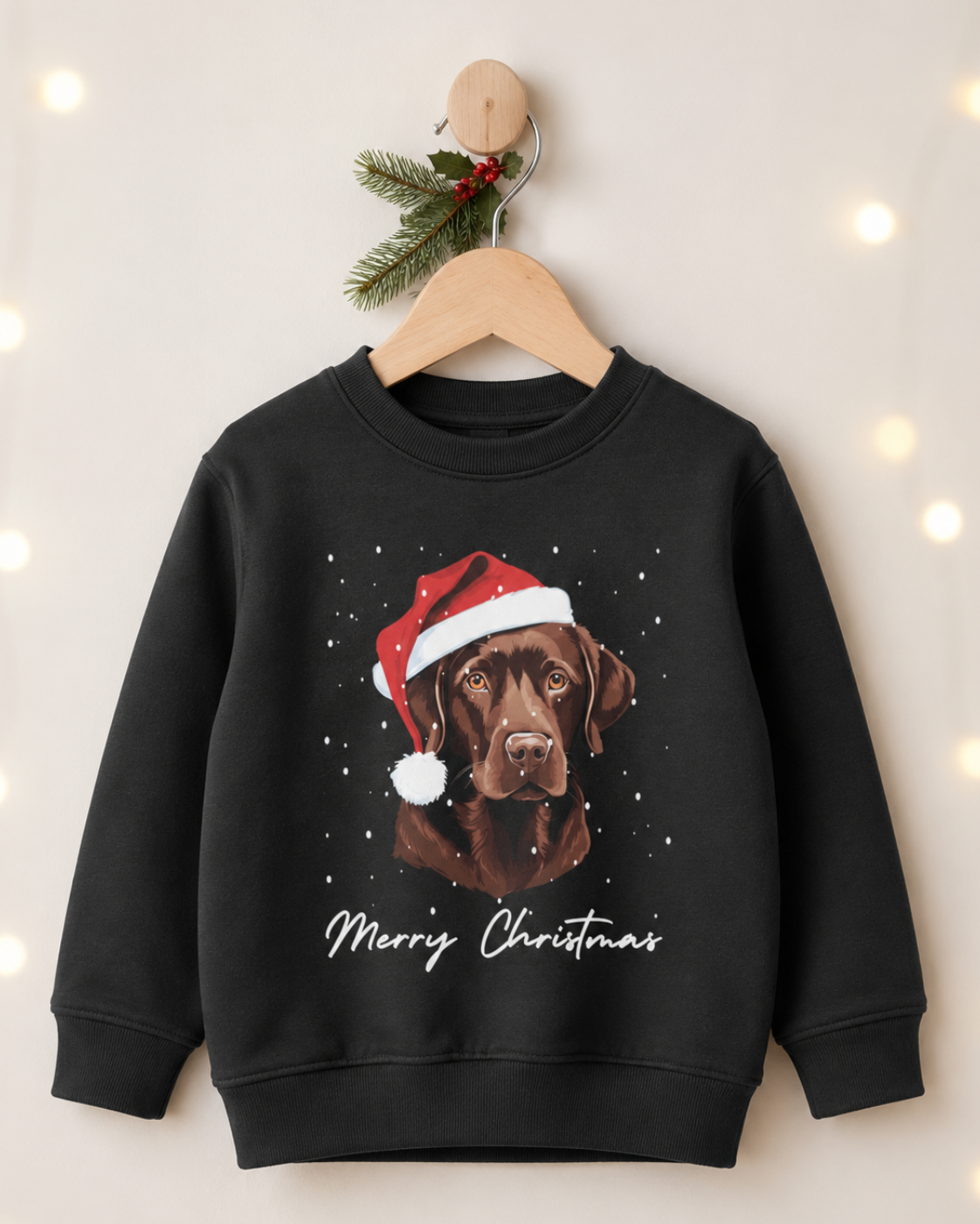 A black crewneck sweatshirt hanging on a wooden hanger decorated with a pine sprig and fairy lights. The sweatshirt features a graphic of a brown Labrador wearing a red Santa hat, with 'Merry Christmas' written in white script below.