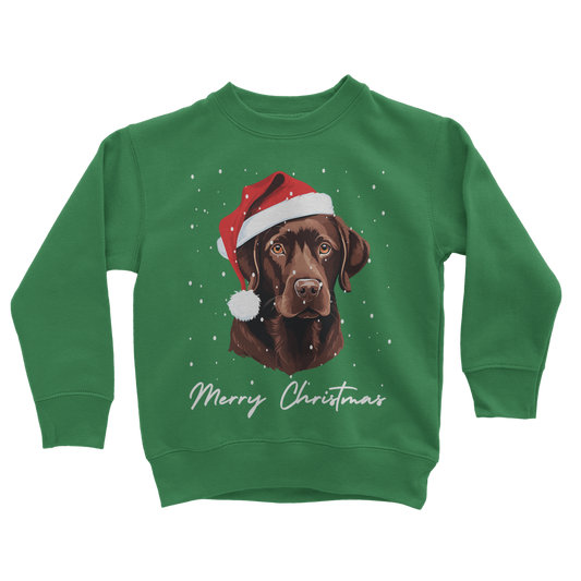 A kids green sweatshirt with an printed graphic of a brown Labrador wearing a Santa hat and the text 'Merry Christmas'.