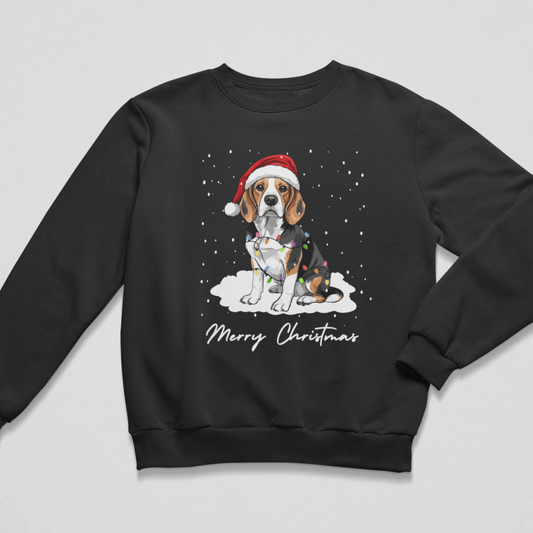 A black crewneck sweatshirt featuring a graphic of a beagle wearing a red Santa hat, sitting in the snow with 'Merry Christmas' written below, displayed on a light gray background.