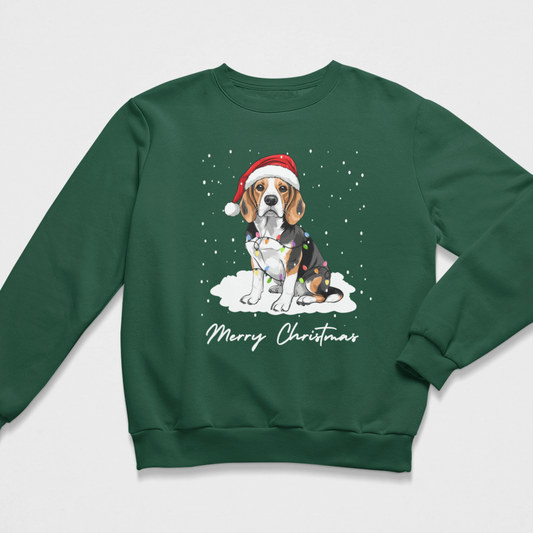 A dark green crewneck sweatshirt featuring a graphic of a beagle wearing a red Santa hat, sitting on a patch of snow with white snowflakes, and the text 'Merry Christmas' printed below.