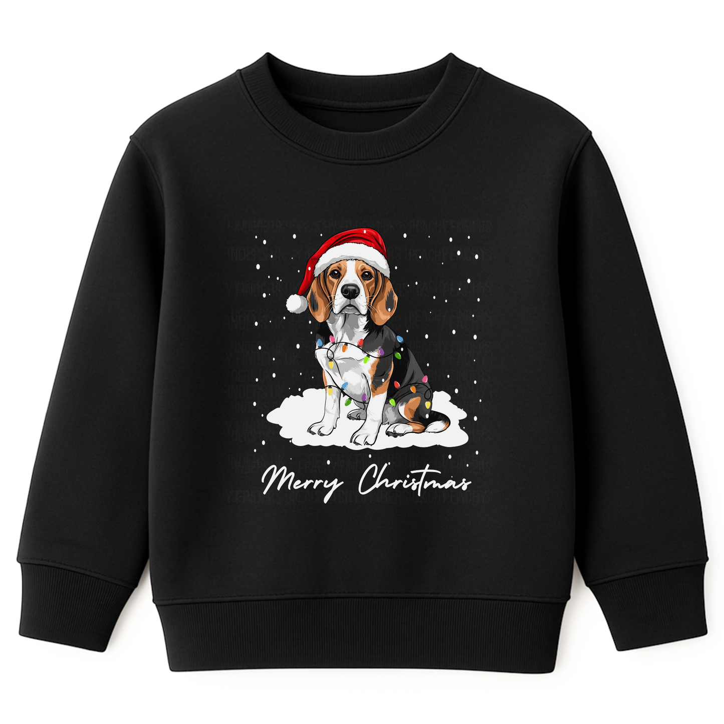 Kids black sweatshirt featuring a cute beagle dog wearing a red Santa hat and tangled in Christmas lights. The text 'Merry Christmas' is printed below, with falling snow scattered around the design.