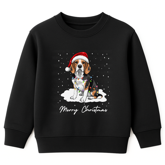 Kids black sweatshirt featuring a cute beagle dog wearing a red Santa hat and tangled in Christmas lights. The text 'Merry Christmas' is printed below, with falling snow scattered around the design.