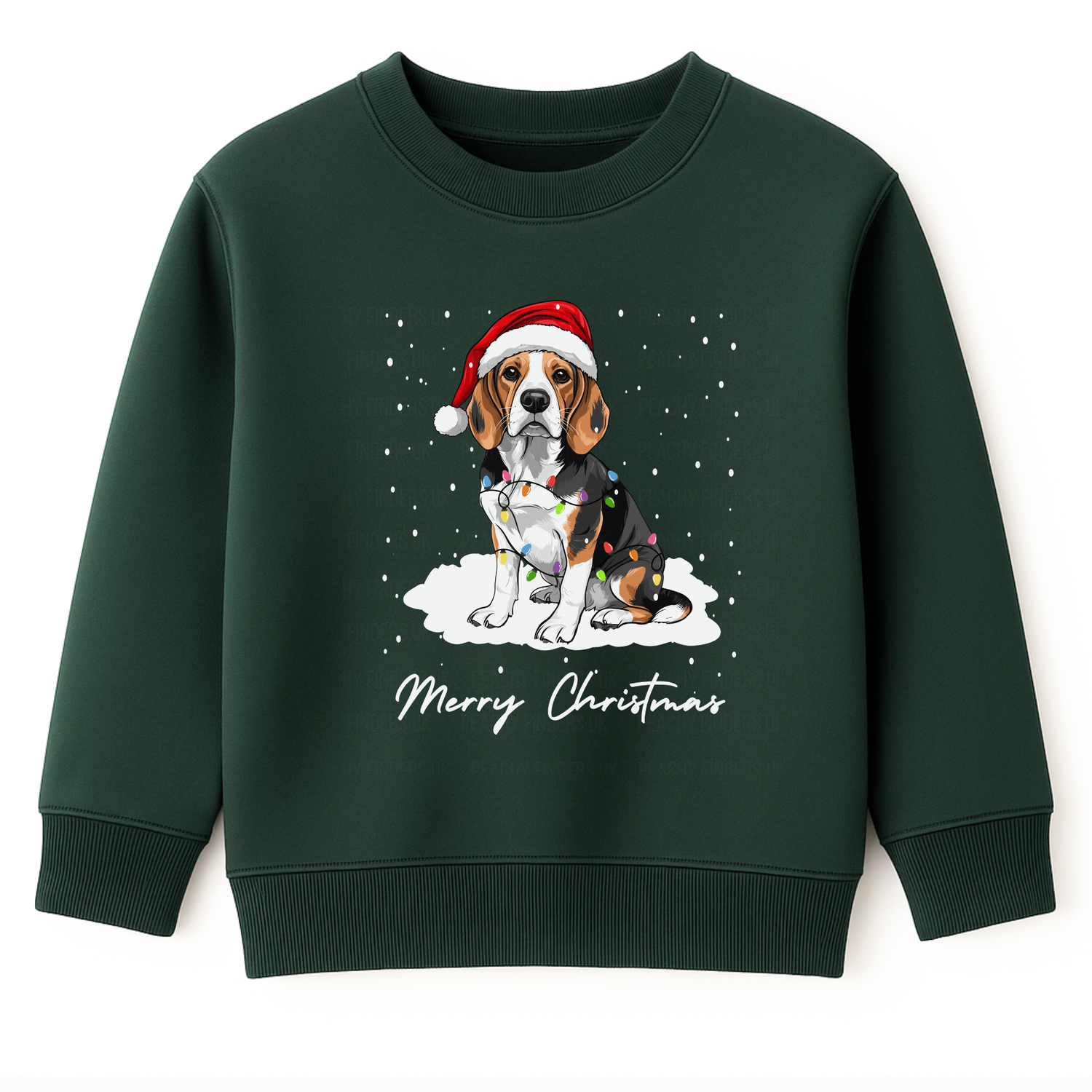 Kids dark green sweatshirt featuring a cute beagle dog wearing a red Santa hat and tangled in Christmas lights. The text 'Merry Christmas' is printed below, with falling snow scattered around the design.