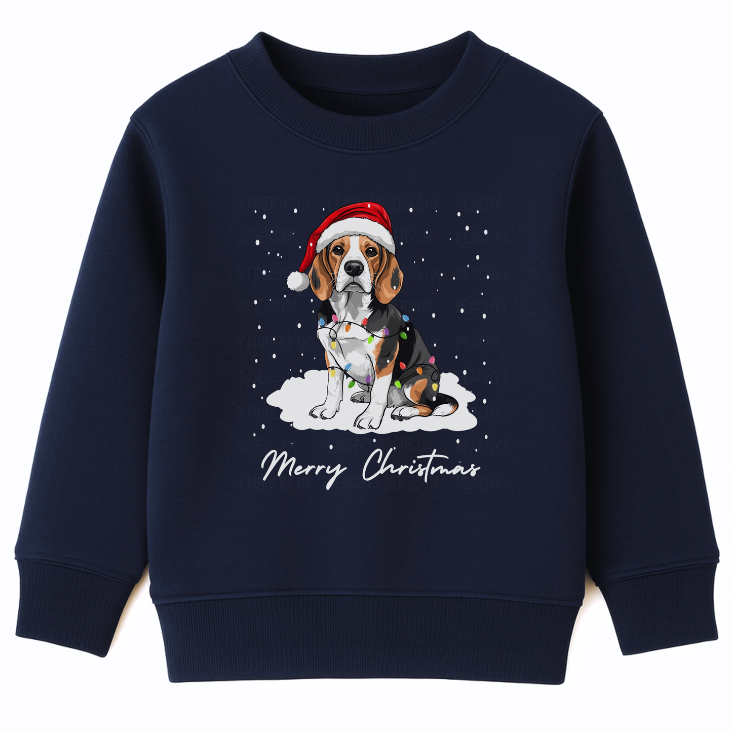 Kids navy sweatshirt featuring a cute beagle dog wearing a red Santa hat and tangled in Christmas lights. The text 'Merry Christmas' is printed below, with falling snow scattered around the design.