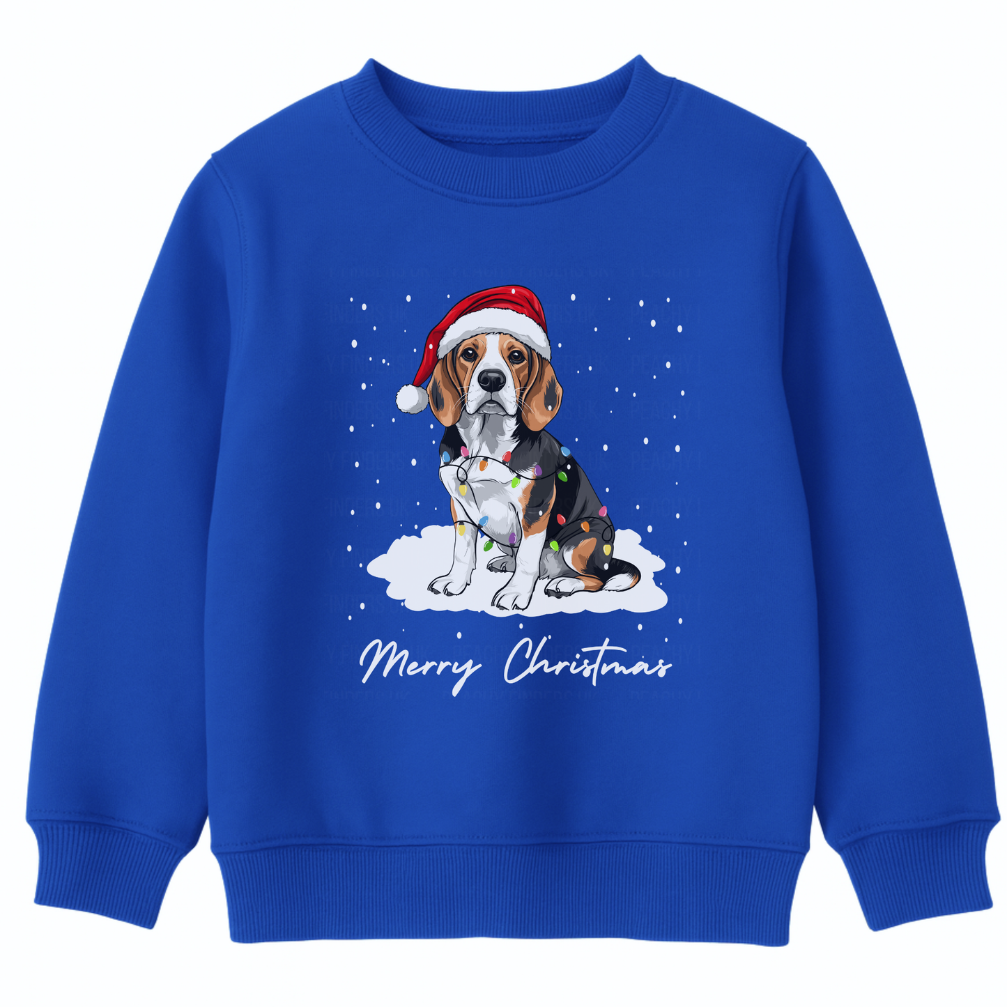 Kids royal blue sweatshirt featuring a cute beagle dog wearing a red Santa hat and tangled in Christmas lights. The text 'Merry Christmas' is printed below, with falling snow scattered around the design.