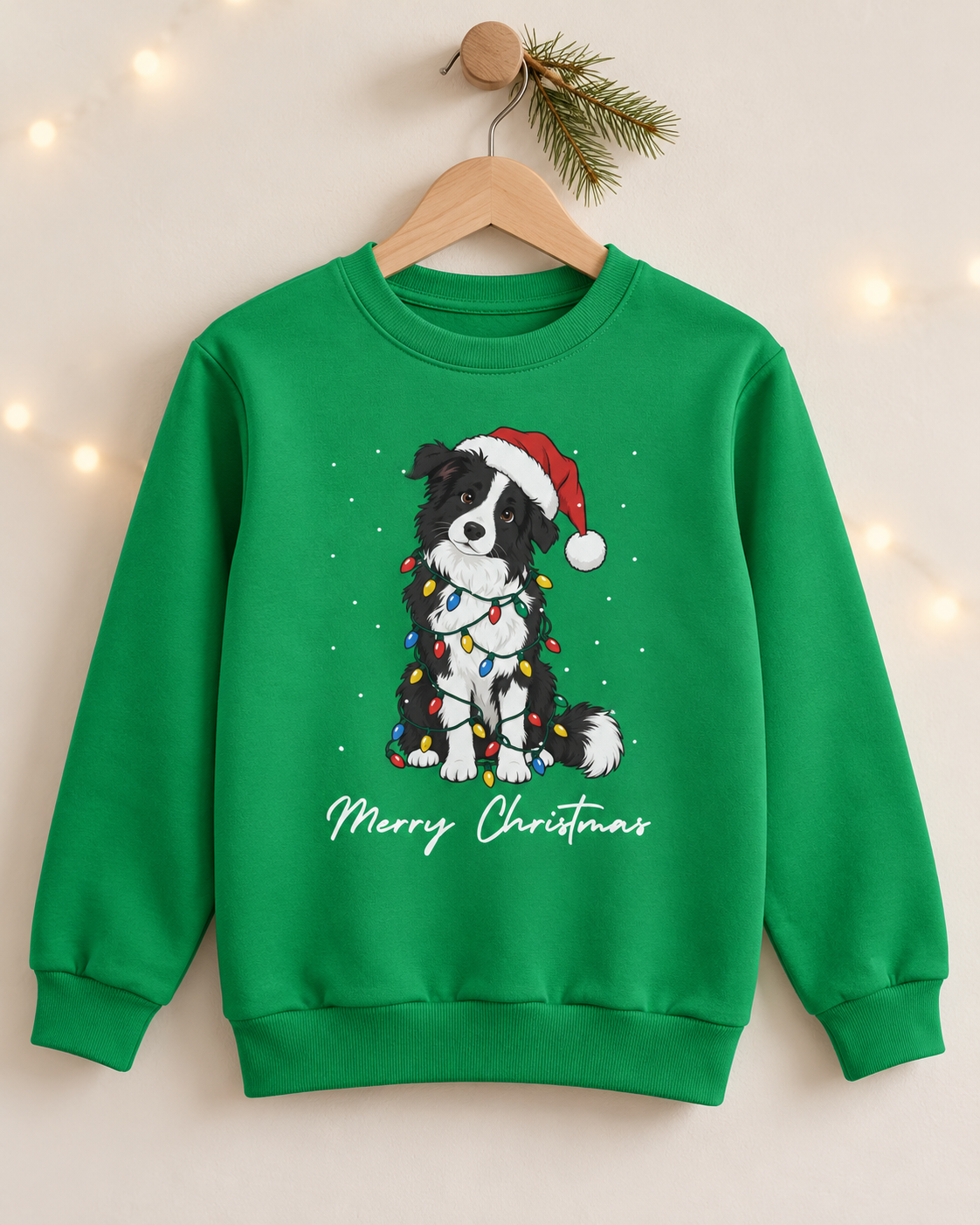 A Kelly green kids' Christmas sweatshirt hanging on a wooden hanger against a festive neutral wall with pine boughs and fairy lights. The centre features a black-and-white Border Collie wearing a Santa hat and tangled in colourful Christmas tree lights, accompanied by the script text "Merry Christmas"