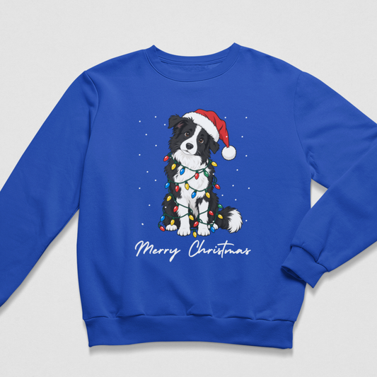 A royal blue crewneck holiday sweater presented in a flat lay style. The shirt features a graphic of a black-and-white Border Collie wearing a red Santa hat and festive string lights, complete with white "Merry Christmas" lettering underneath.