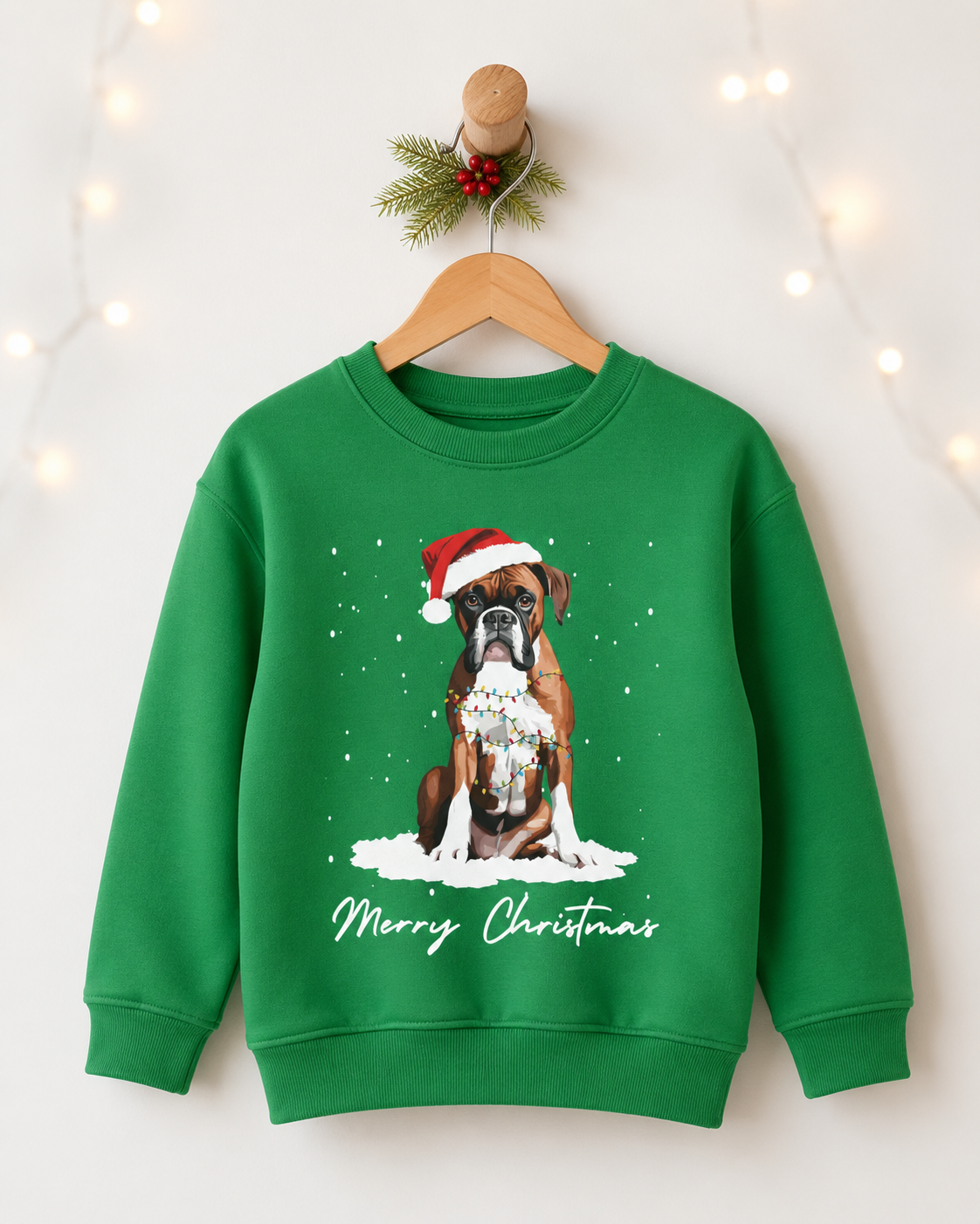 A kids green crewneck sweatshirt hanging on a wooden hanger against a white wall with warm string lights. The sweatshirt features a graphic of a Boxer dog wearing a Santa hat in the snow, with 'Merry Christmas' written below.