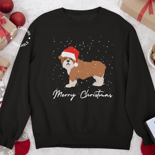 Kids black sweatshirt with a print of an English Bulldog wearing a Santa's hat and the text 'Merry Christmas'.