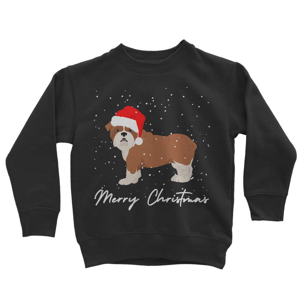 Children's black round neck Christmas sweatshirt with a cartoon English Bulldog wearing a Santa hat, snow falling, and “Merry Christmas” text underneath