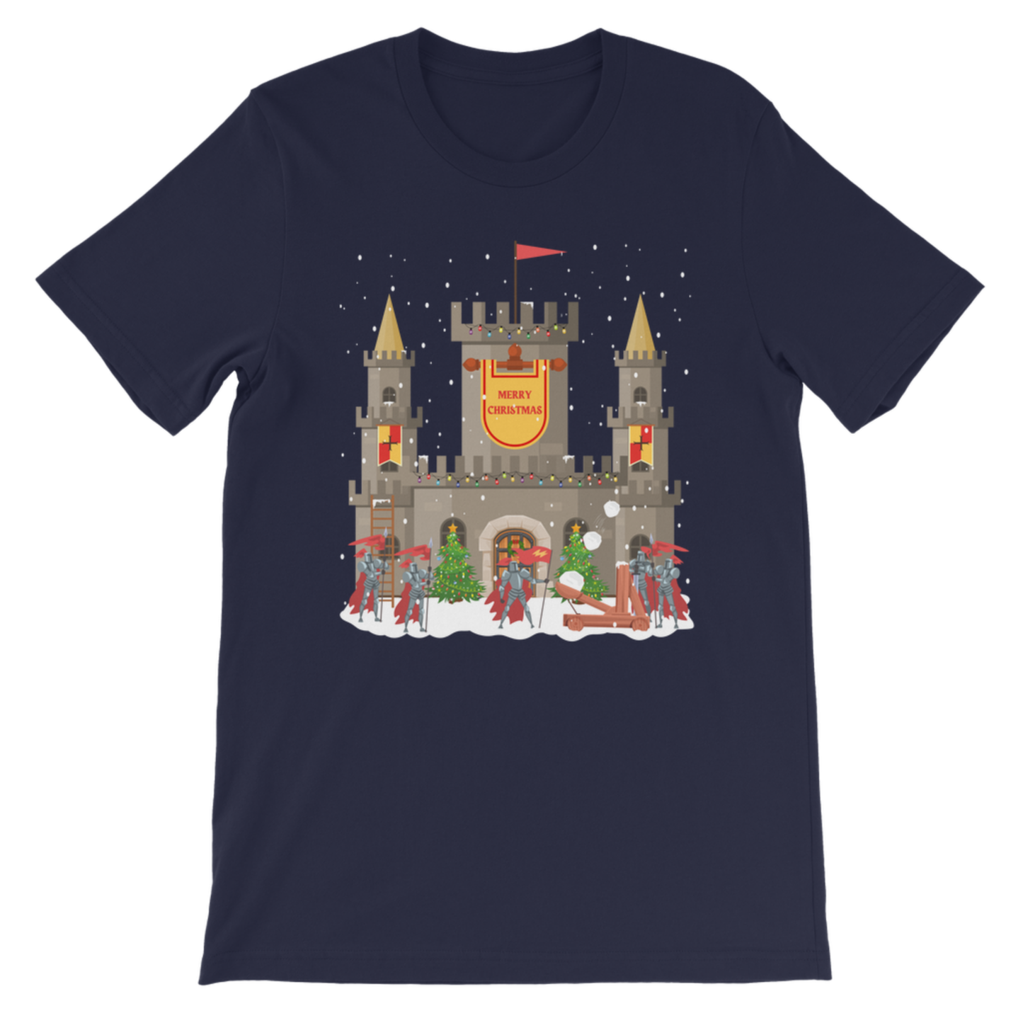 Navy kids Christmas castle t-shirt with festive knights design displayed on a white background.