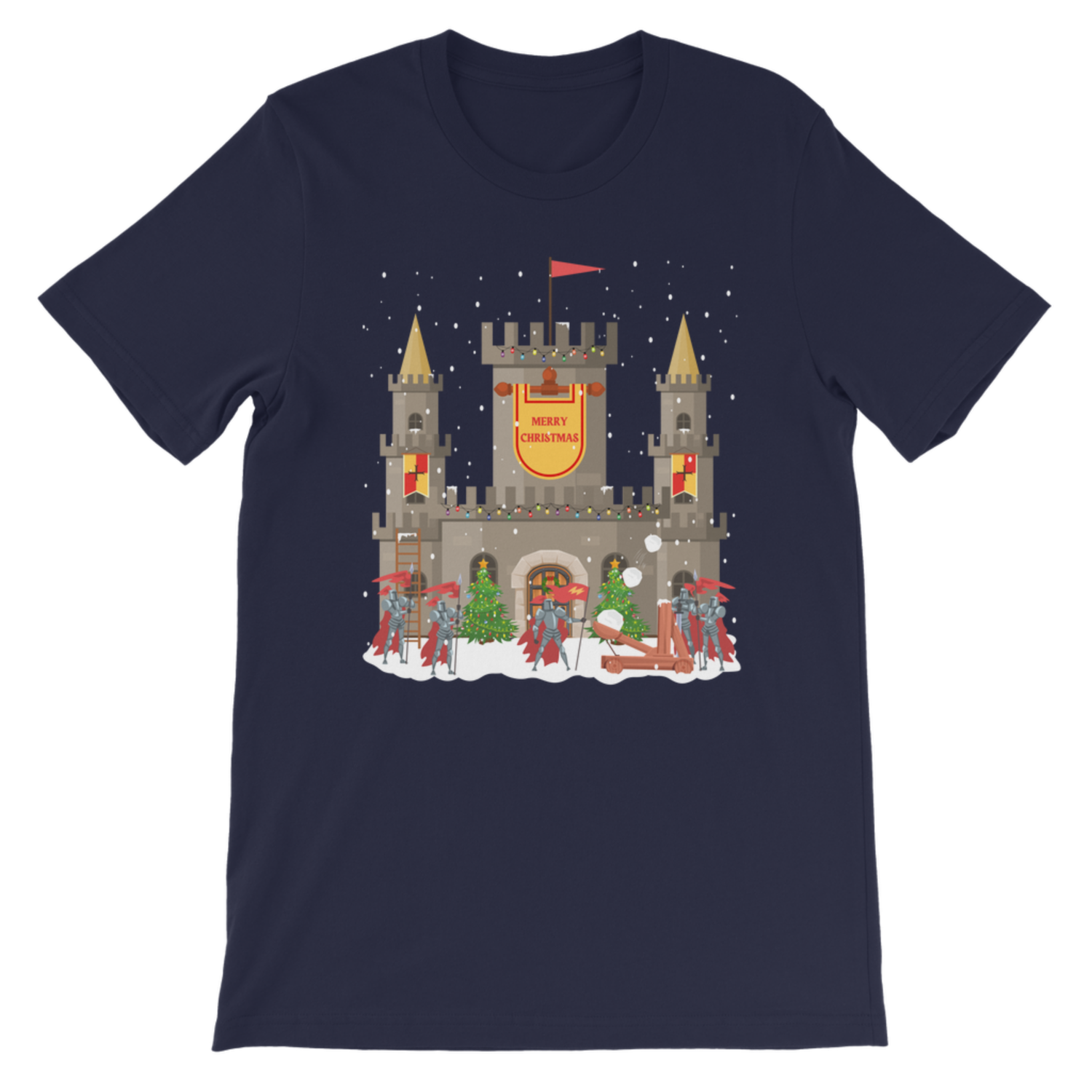 Navy kids Christmas castle t-shirt with festive knights design displayed on a white background.