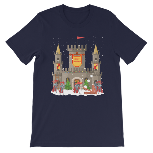 Navy kids Christmas castle t-shirt with festive knights design displayed on a white background.