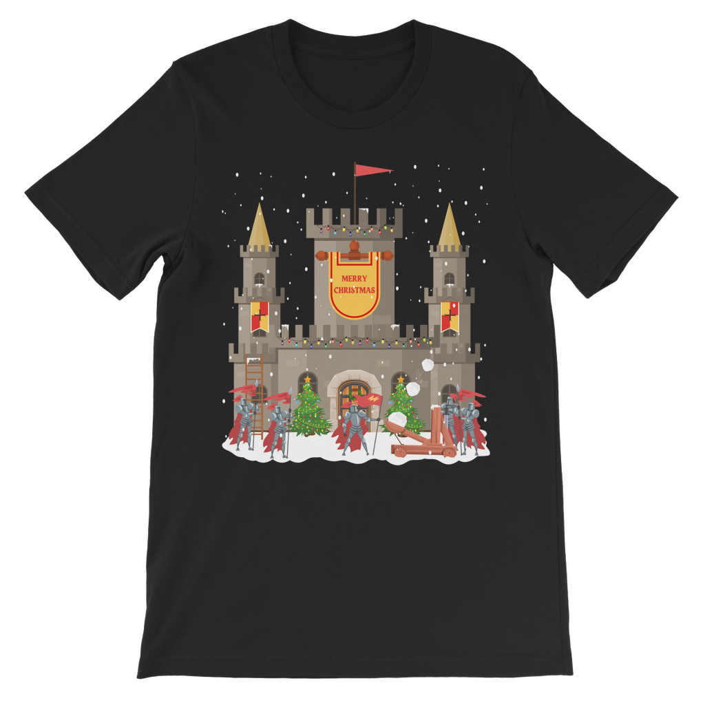 Kid black cotton Christmas sweatshirt showing a snowy stone castle with “Merry Christmas” banner, golden turrets, red-armoured knights, catapult and festive trees on the front.