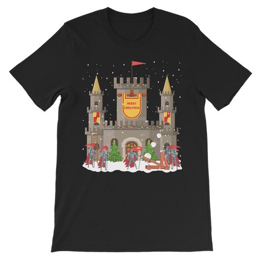 Kid black cotton Christmas sweatshirt showing a snowy stone castle with “Merry Christmas” banner, golden turrets, red-armoured knights, catapult and festive trees on the front.