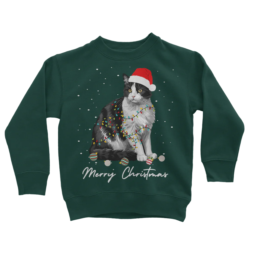 Kids Christmas Black & White Cat Sweatshirt | 3 - 13 years