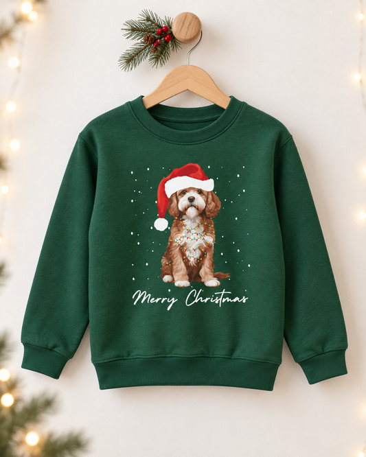 A kids dark green crewneck sweatshirt hanging on a wooden hanger against a warm, softly lit background. The sweatshirt features a graphic of a brown dog wearing a red Santa hat and a white bow tie, with 'Merry Christmas' written in white script below.