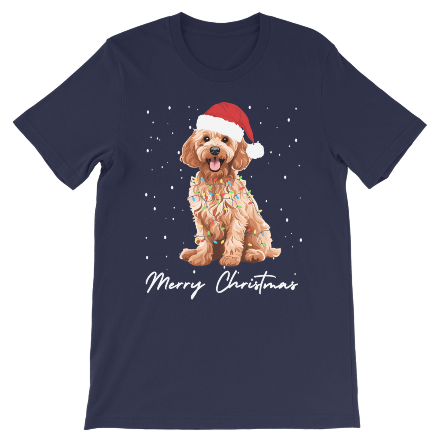 A kids navy blue short-sleeve crewneck t-shirt featuring a graphic of a fluffy cockapoo dog wearing a red Santa hat and colourful holiday lights, with 'Merry Christmas' written in white script below, on a plain white background.