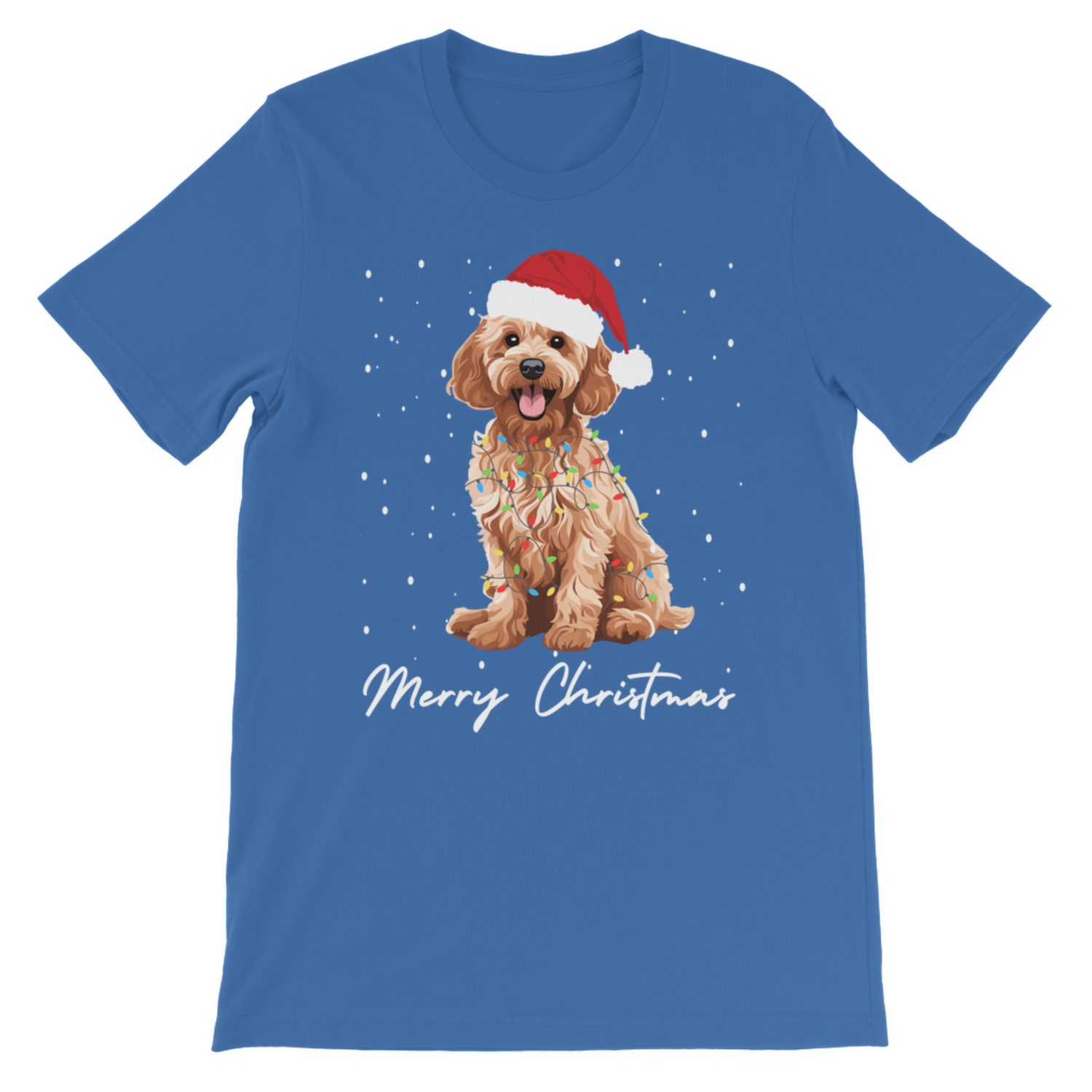 A kids blue short-sleeve crewneck t-shirt featuring a graphic of a golden cockapoo wearing a red Santa hat and holiday lights, with 'Merry Christmas' written in white script below.