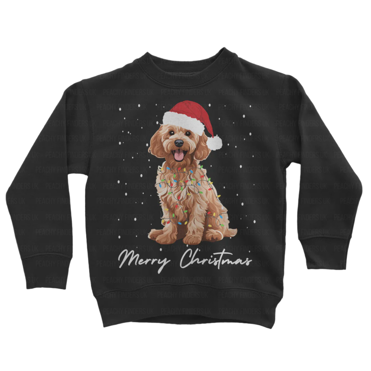 Black sweater with a Christmas-themed design of a dog wearing a Santa hat and lights, and 'Merry Christmas' text.