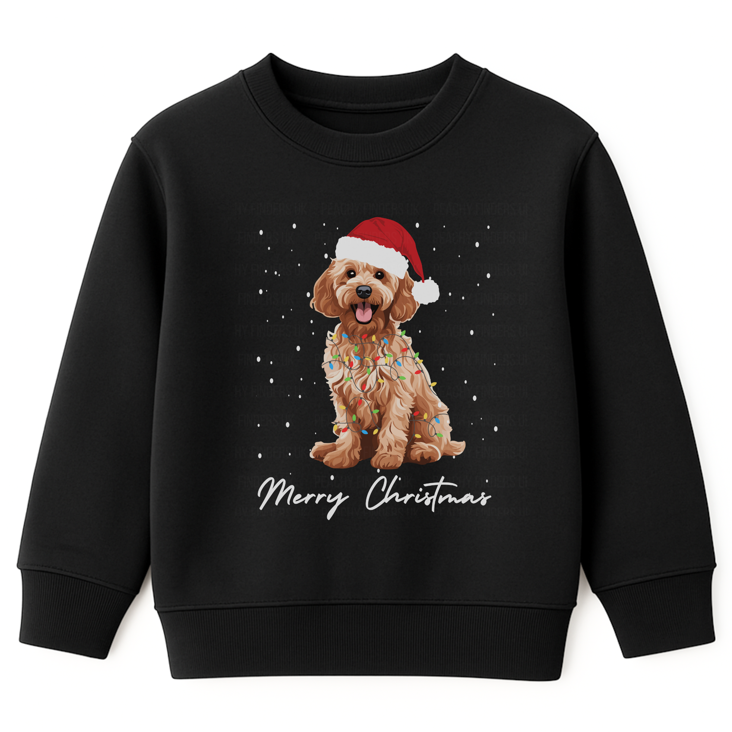 Kids black sweatshirt with a Christmas-themed design of a dog wearing a Santa hat and lights, and 'Merry Christmas' text.