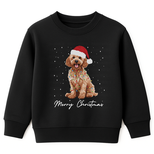 Kids black sweatshirt with a Christmas-themed design of a dog wearing a Santa hat and lights, and 'Merry Christmas' text.