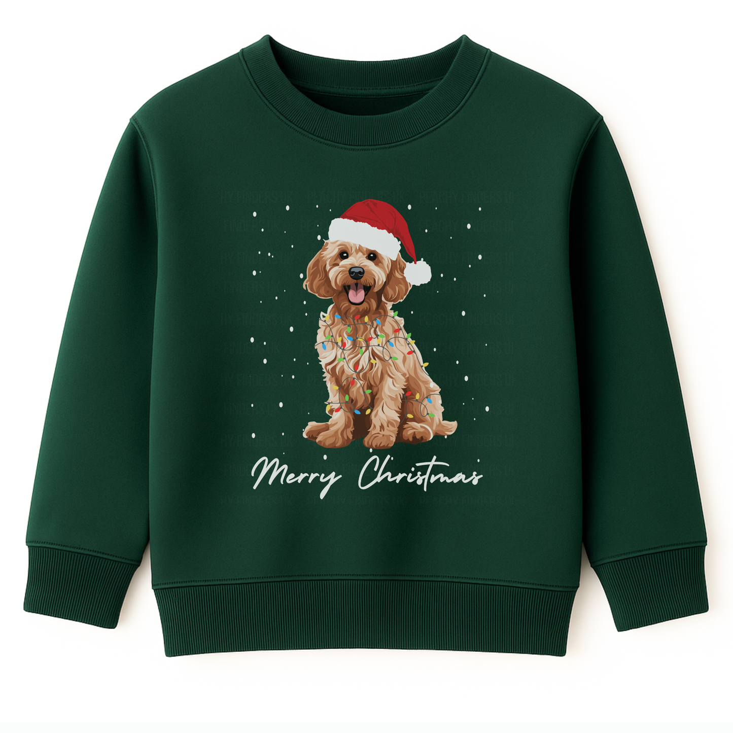Kids dark green sweatshirt with a Christmas-themed design of a dog wearing a Santa hat and lights, and 'Merry Christmas' text.