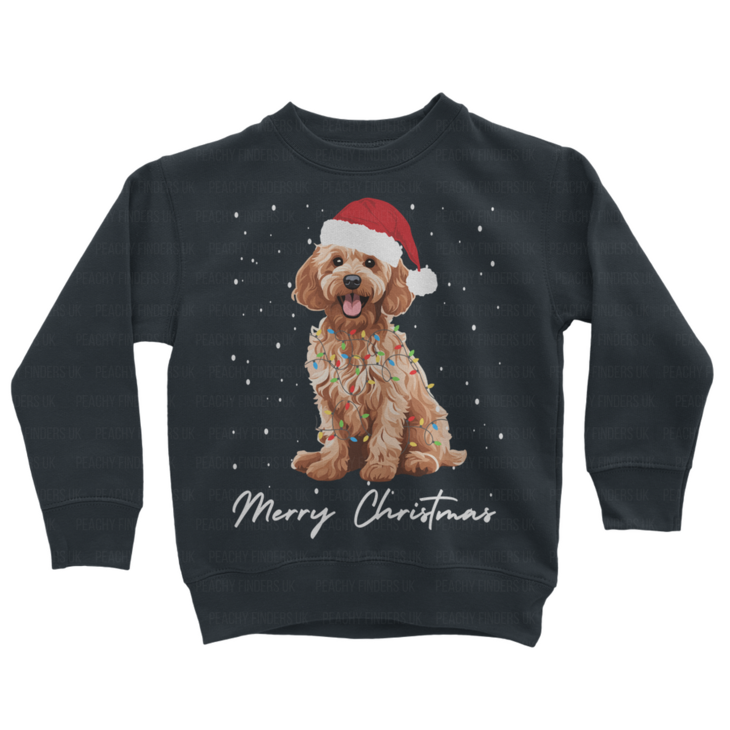 Kids navy sweatshirt with a Christmas-themed design of a golden cockapoo wearing a Santa hat, wrapped in fairy lights with falling snow and the text 'Merry Christmas'.