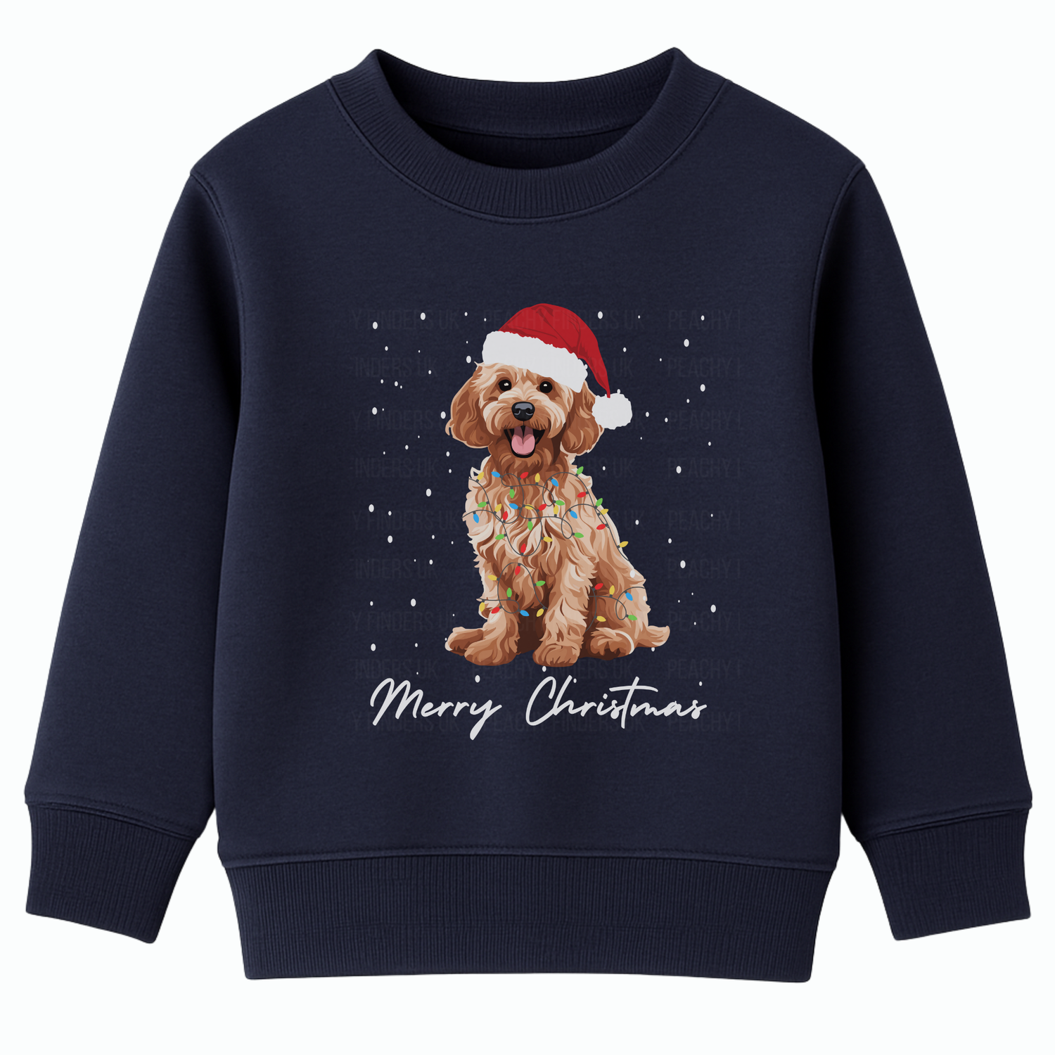 Kids navy sweatshirt with a Christmas-themed design of a dog wearing a Santa hat and lights, and 'Merry Christmas' text.