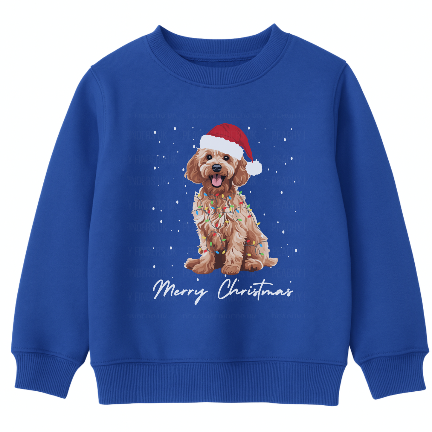 Kids royal blue sweatshirt with a Christmas-themed design of a dog wearing a Santa hat and lights, and 'Merry Christmas' text.