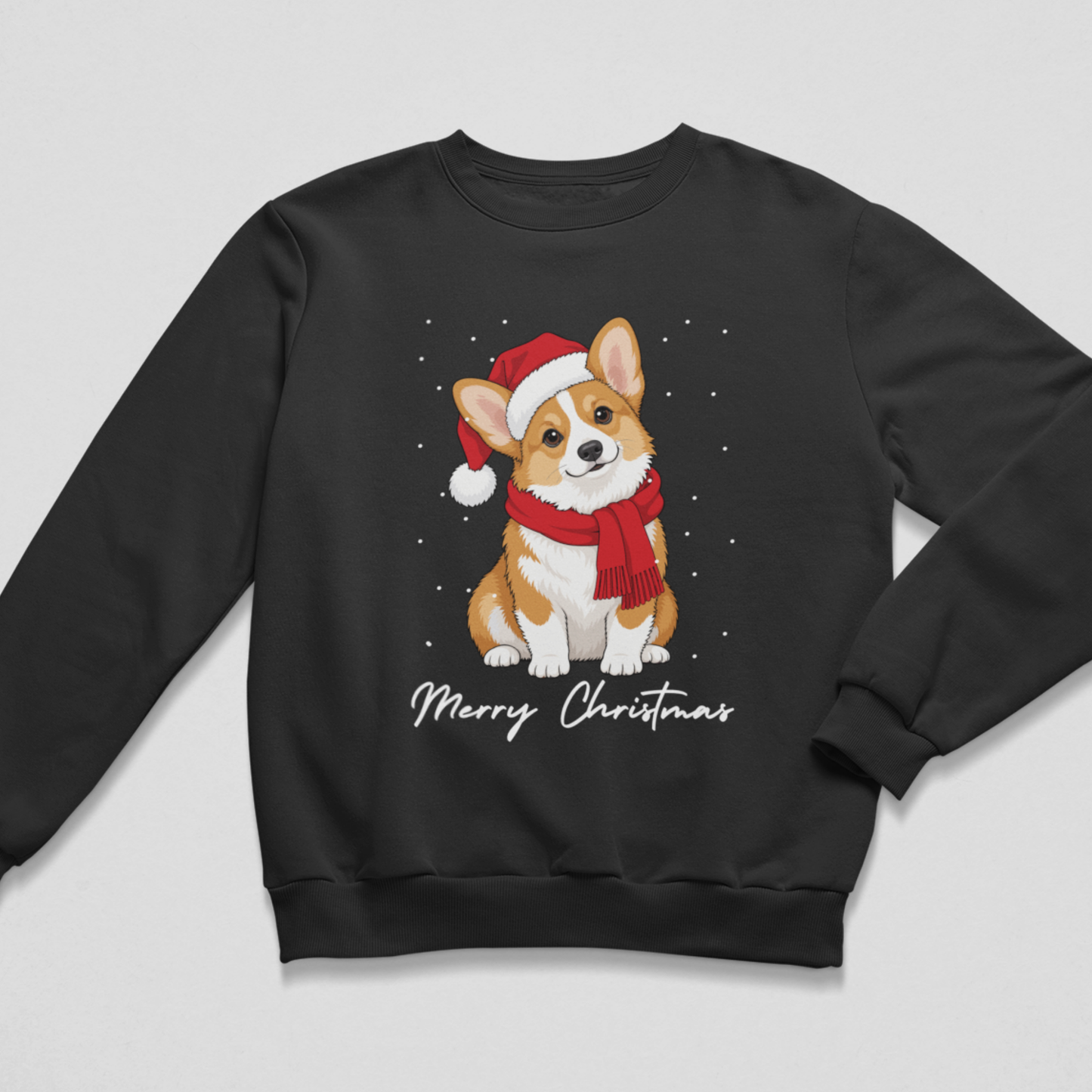 Black kids' Christmas sweatshirt featuring an illustrated Corgi wearing a Santa hat and red scarf with "Merry Christmas" text
