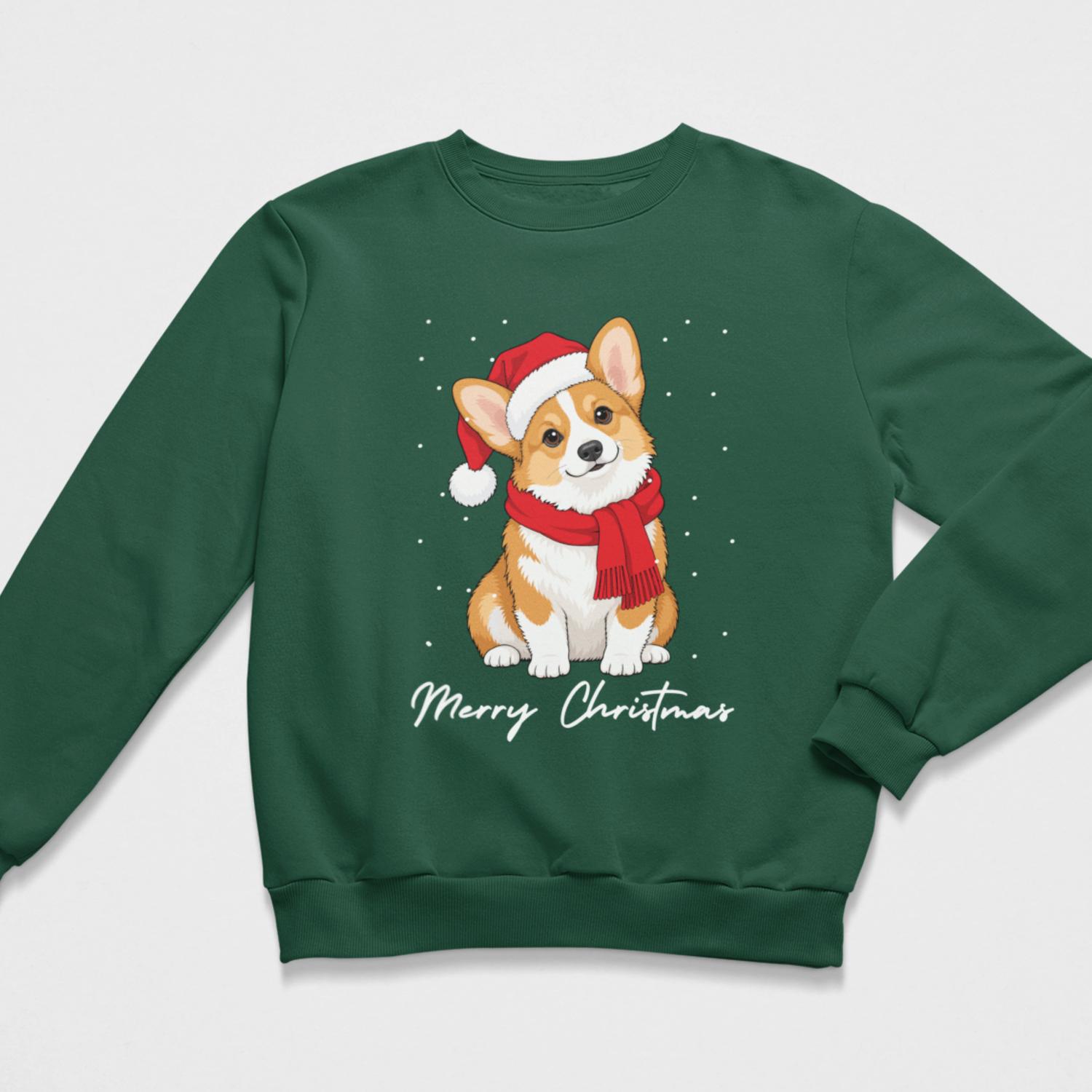 Dark green children's Christmas crewneck jumper with a festive Corgi graphic surrounded by falling snow