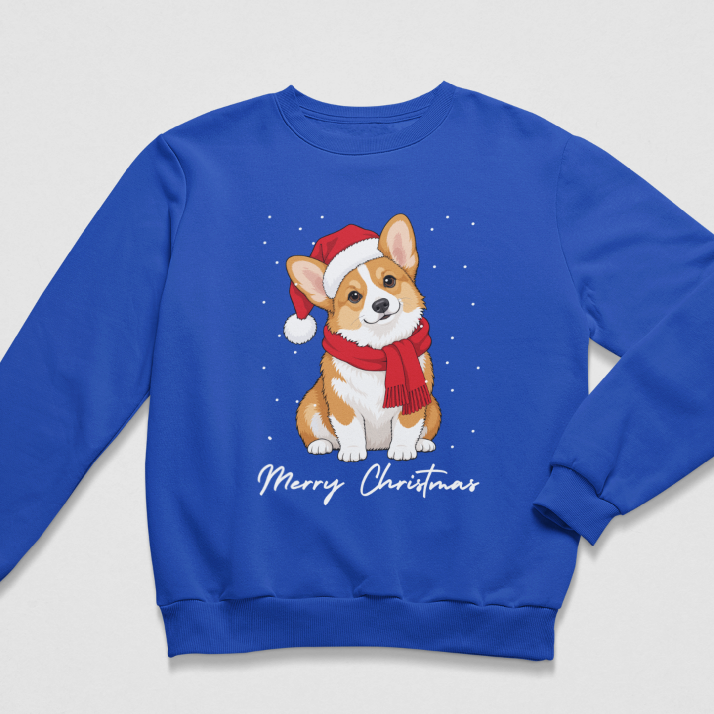 Royal blue children's holiday sweatshirt featuring an illustrated Corgi with a Santa hat and red scarf