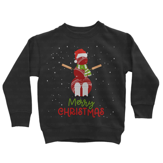 Kids black sweatshirt with a Christmas-themed cricket ball snowman and 'Merry Christmas' text on a white background.