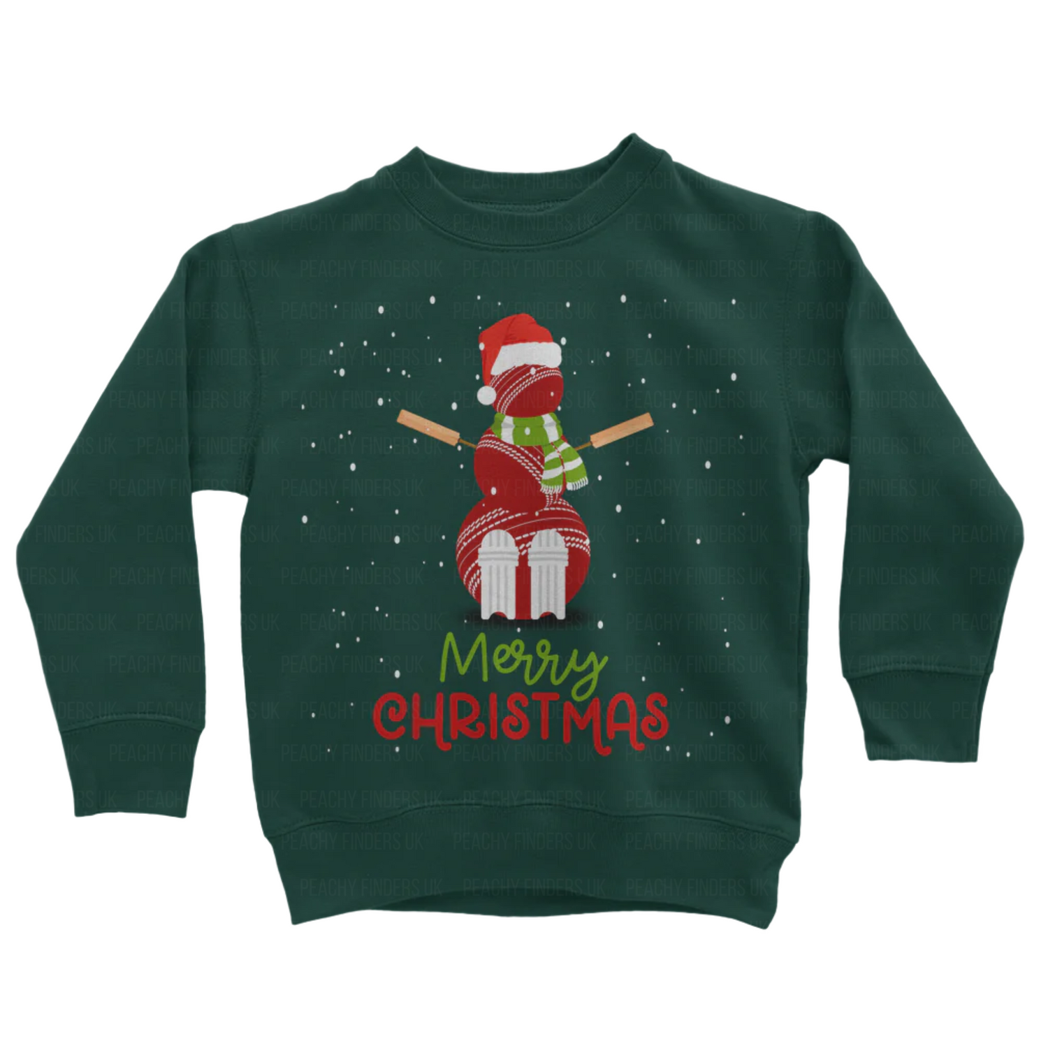 Kids dark green sweatshirt with a Christmas-themed cricket ball snowman and 'Merry Christmas' text on a white background.