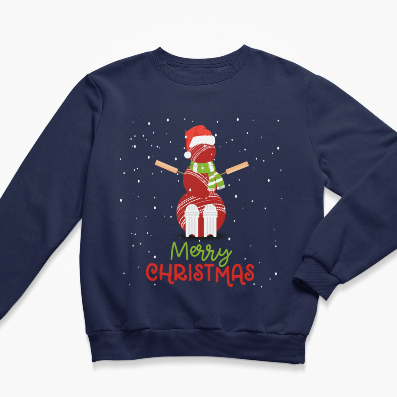 Navy adult Christmas jumper featuring cricket ball snowman with Santa hat, scarf surrounded by white falling snowflakes, with 'Merry Christmas' written below in green and red lettering.