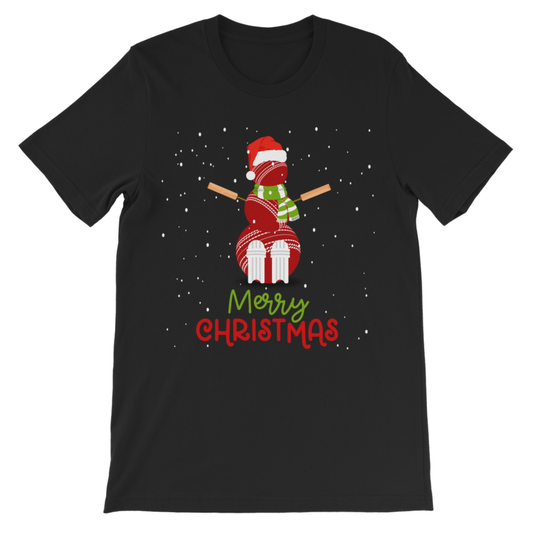 Kids Christmas cricket T-shirt in black featuring a cricket ball snowman wearing a Santa hat and scarf, surrounded by falling snow with Merry Christmas text.