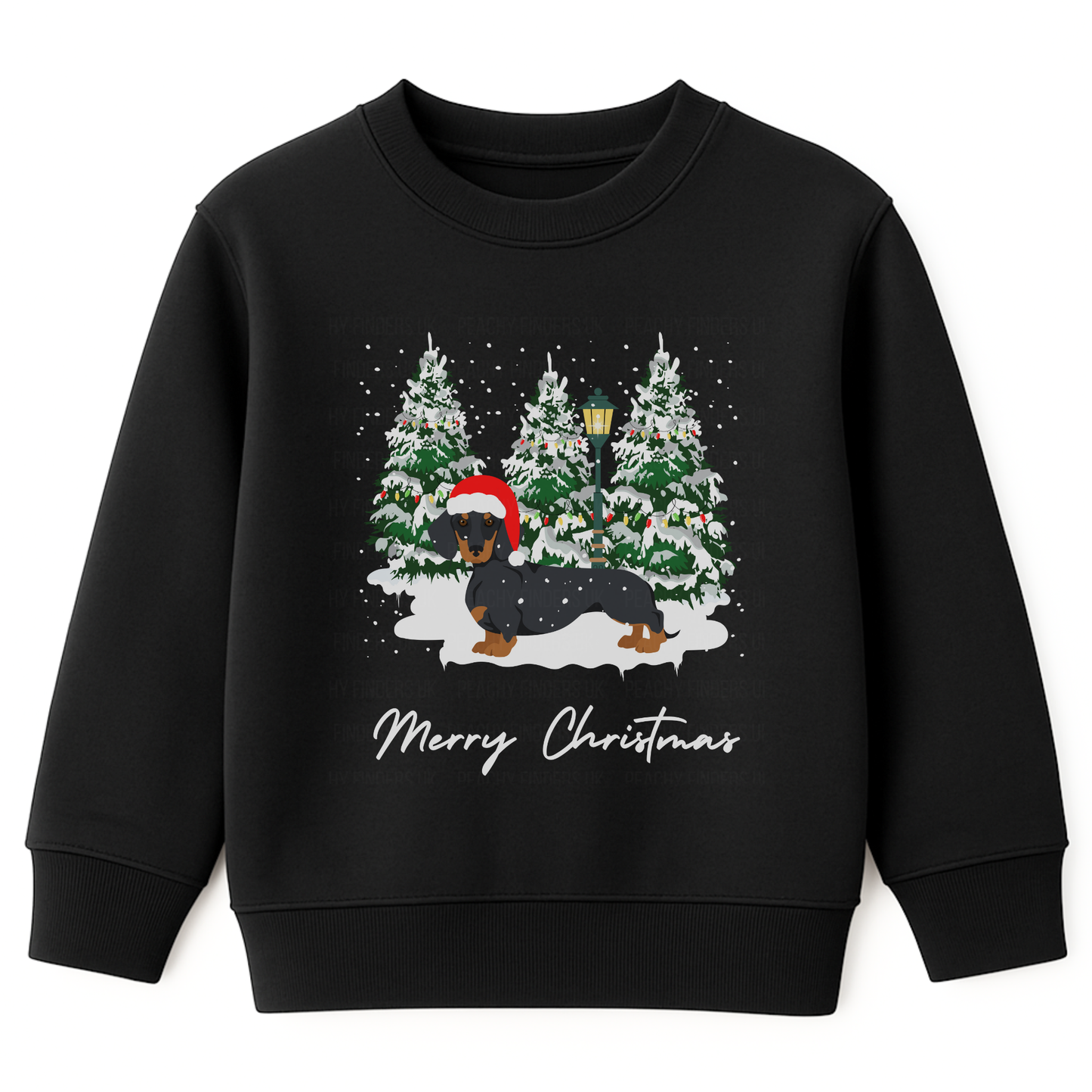 Kids black Christmas sweatshirt featuring a festive dachshund in a Santa hat, surrounded by snowy Christmas trees.
